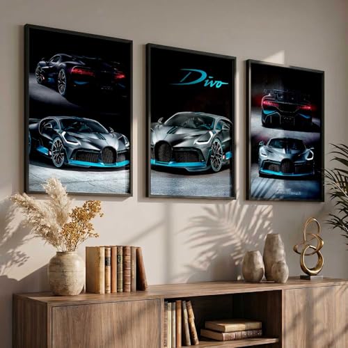 Image of walllane Big Bugatti Divo Framed Posters Gift Items for Boys Room Wall Decoration Bedroom Living Room Office Studio Decor | Car Poster Frame for Wall Decor Set Of 3 Size (10x13 inch)