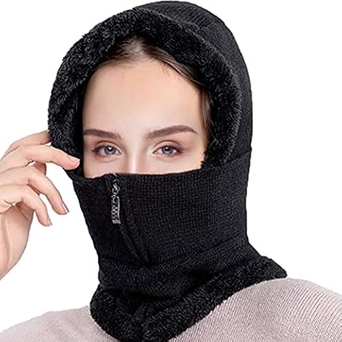 XINRUI Winter Thermal Fleece Lined Knitted Balaclava Soft Breathable Multipurpose Windproof Neck Warmer 3 in 1 Full Hood Hat Thick Warm Cycling Ski Face Warmer for Women Men Outdoors Sports Black Cover