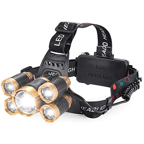 Lampe frontale rechargeable, 12000 lumens 5 LED 4 modes USB Phares rechargeables avec 2 batteries Lampe LED étanche étanche Mise au point réglable Phares rechargeables Camping Pêche Running Outdoor