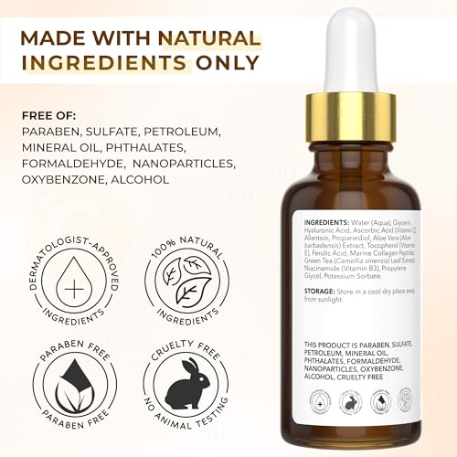 Jeune Naturelle All Natural Pure 20% Vitamin C Serum Face + 6 Active Boosters for Dark Spots, Wrinkles, Brightening, Hydrating, Even Tone, Healthy Glow with Niacinamide, Hyaluronic Acid, Ferulic Acid, Vitamin E