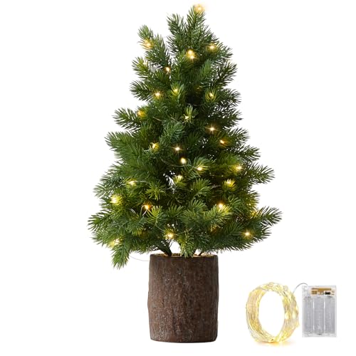 19.7' Table Top Artificial Christmas Tree with Wooden Planter - Small Potted Tabletop Christmas...