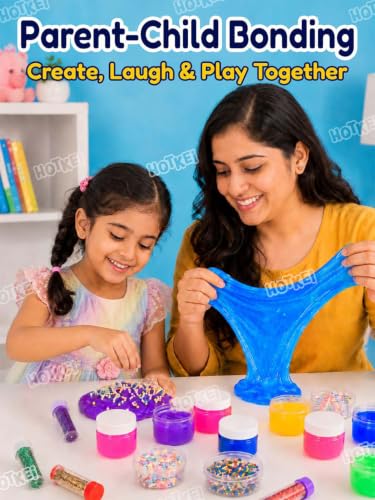 Image of HOTKEI (12 Neon Slime kit) DIY Neon Colored Fruit Scented Slimy Gel Jelly Set Kit Air Dry Magical Crystal Clay Putty Toy Kit for Girls Boys Kids Slime with Glitter| Stars | Color Beads Set