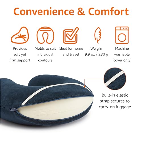 Amazon Basics Memory Foam Travel Neck Pillow with Removable Cover and Elastic Carrying Strap, Navy Blue, Semicircular - Image 3