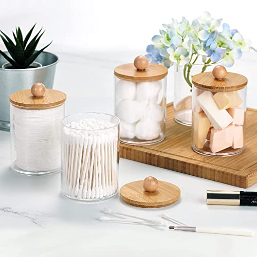 Qtip Dispenser Apothecary Jars With Bamboo Lids - Clear Plastic Vanity Makeup Organizer Storage Canister - Bathroom Accessories For Q-Tips, Cotton Swab, Cotton Ball, Cotton Rounds, Floss (3) #TOP4
