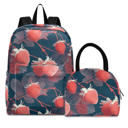 Elegant Strawberry Print Backpack Set with Lunch Bag, Large Capacity Travel Backpacks and Lunch Box Insulated for Commute Hiking Picnic