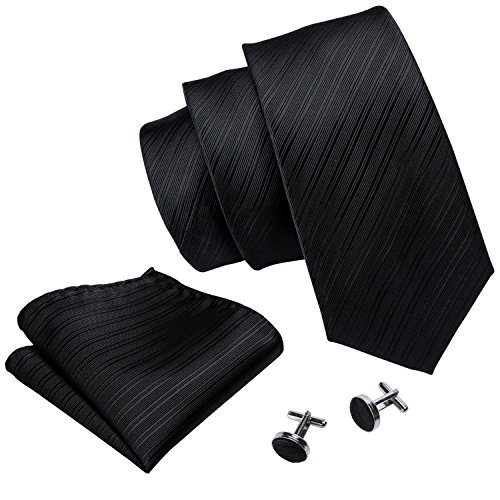 Image of Barry.Wang Solid Striped Tie for Men Silk Necktie Pocket Square Cufflinks Formal Wedding Party Business