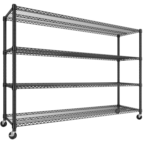 REIBII Extra-Wide 60″W 4-Tier Wire Shelving with Wheels, 2399lbs for Garage | Heavy duty metal shelving, 18”D x 65.5”H, Adjustable, Lockable wheels, Tool-free assembly, For pantry basement commercial