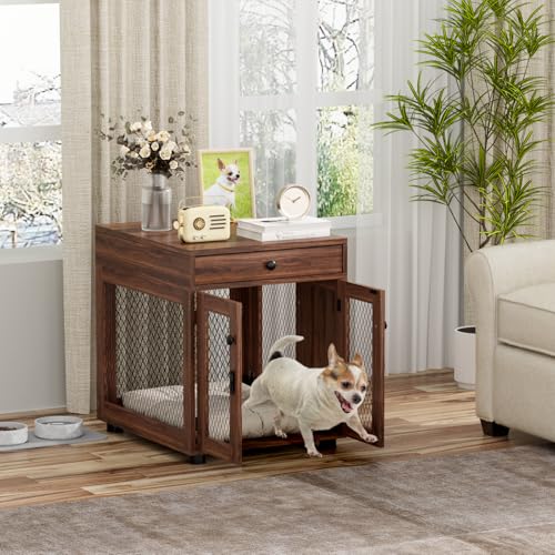VOWNER Hundekäfig Möbel Indoor, 3 Türen Holz Hundebox mit Schublade, Moderne Hundehütte als Beistelltisch, 51 x 60 x 62 cm für kleine Hunde Zuhause unter 20 kg, Walnussbraun