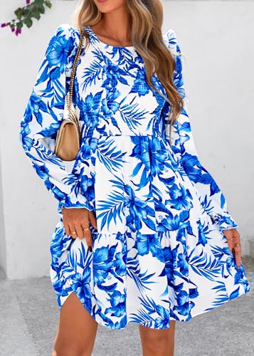 Image of KIRUNDO Long Sleeve Dress for Women 2025 Summer Fall Wedding Guest Smocked Floral Crewneck Ruffle A Line Flowy Mini Dress