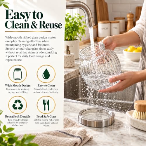 Image of bellemax 650ML Ribbed Glass Storage Jar with Airtight Metal Lid | Clear Kitchen Storage Container for Dry Fruits, Snacks, Cookies, Candy, Spices & Pantry Organizer Set of 2