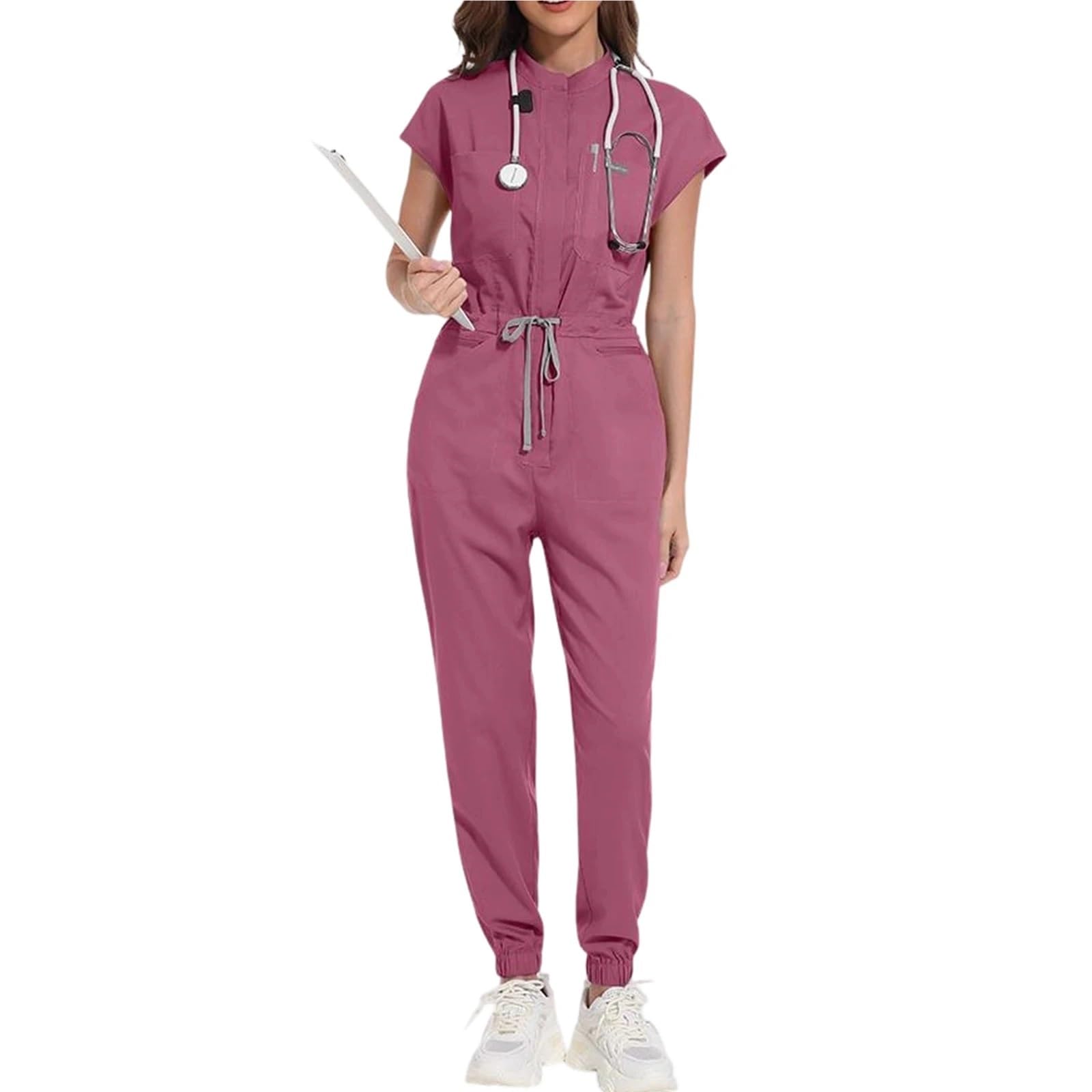 Mono de Enfermera for Mujer, Cuello levantado, sin Mangas, cordón en la Cintura, Uniforme médico con múltiples Bolsillos, Ropa Trabajo for el Cuidado Salud