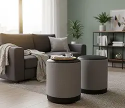 Kit Puff Banqueta Redondo Linho Com Couro 42x34x34 Oreon Luxo Decorativo Retro Vintage Casa Jd Móveis (CINZA COURO PRETO)