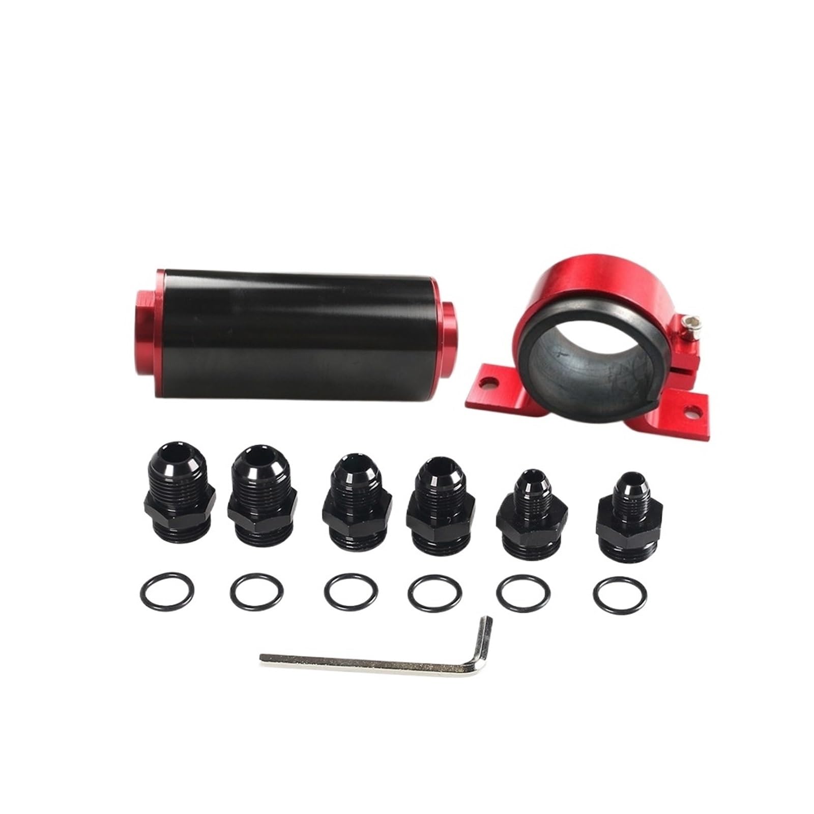 Filtro de combustible en línea 50 mm y 100 micras con soporte montaje aluminio, llave adaptador universal 6AN/8AN/10AN, lavable, negro/rojo(Red)