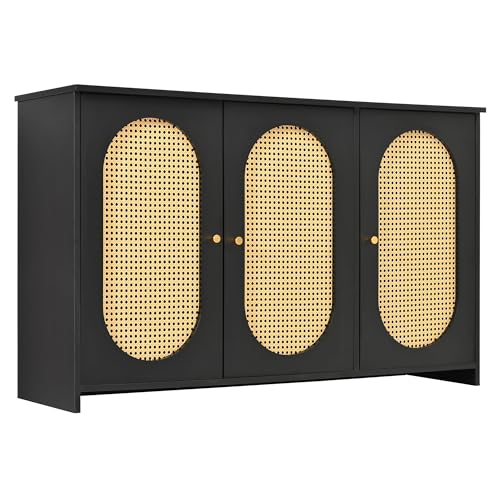 Aparador Moderno y Elegante con 3 Puertas, Armario de Almacenamiento con Puertas Decorativas de ratán, Mesa de Consola Tipo Buffet con gabinete de Madera para Sala de Estar, Pasillo y Entrada