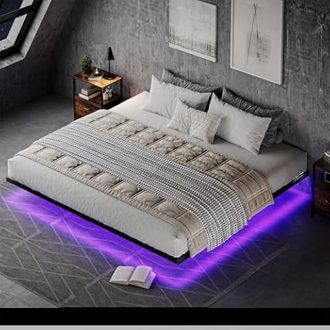 HOMBCK Floating Bed Frame King with LED Lights, Metal Platform Bed Frame King with Heavy Duty Steel Slats, Large Under Bed Storage, Noise-Free, No Box Spring Needed, Easy to Assemble, Black Cover