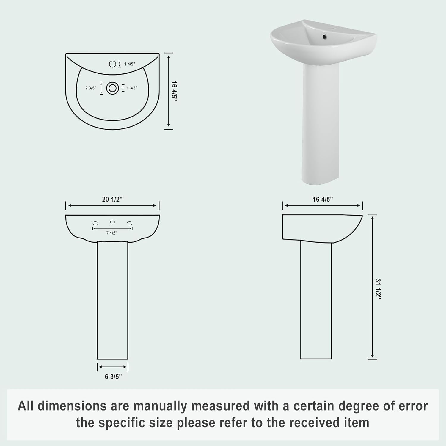 Bathroom Pedestal Sink,20 Inch x 17 Inch Ceramic Basin with Overflow, Single Faucet Hole, Space-Saving Design for Small Bathrooms