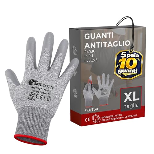 general merchandising 5 Paia Guanti Antitaglio XL EN388 4X43C Livello 5 – Guanti da Lavoro Resistenti al Taglio per Giardinaggio, Fai da Te, Officina e Uso Professionale