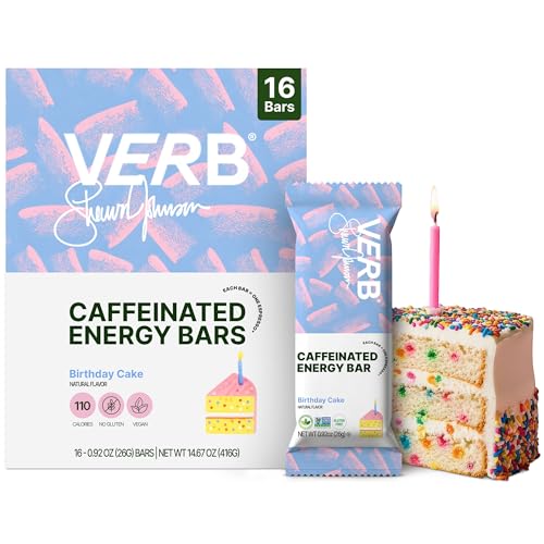 Verb Caffeinated Energy Bars Birthday Cake (26g Pack of 16) 110-Calorie Delicious Low Sugar Energy Bar - Vegan Gluten Free On-the Go Snack with 80mg Green Tea Caffeine Only Real-Food Ingredients