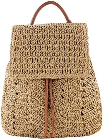 Monique Women Medium Straw Handmade Woven Backpack Flap Drawstring Shoulders Bag Beach Daypack