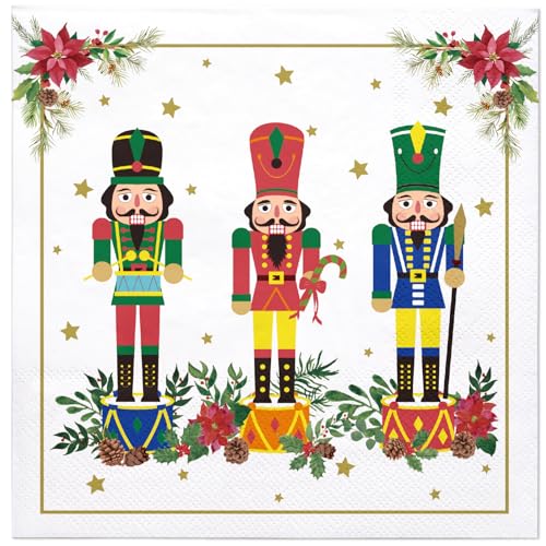 WRAPAHOLIC 50Pcs Christmas Paper Napkins - 3 Ply Nutcracker Christmas Tree Disposable Luncheon Napkin for Christmas Party Supplies Tableware Xmas Holiday - 6. 5 x 6.5 In