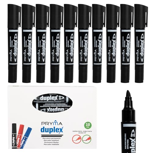 Pryma Marcatore Permanente Nero Doppia Punta 2-5/3 mm – Set 10 Pennarelli Resistenti, Inchiostro Indelebile per Carta, Plastica, Metallo, Legno