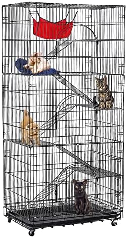 Extra Large 6-Tier Cat Cage 77 Inchs Height for 1-5 Cats with Hammock, CAT Bed & 5 Ramp Ladders 5 Platforms 3 Front Doors Tray Cat Kennels Playpen Crate Cats House Pet Enclosure