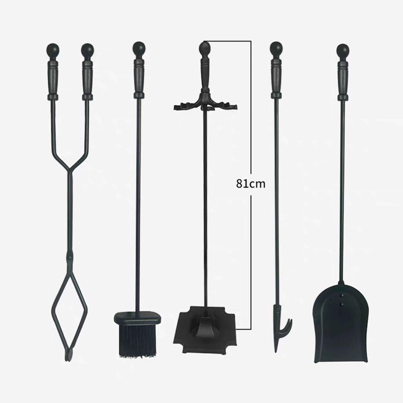 Juego de herramientas para chimenea de hierro fundido resistente con soporte, pala de ceniza, escoba y varilla de fuego para quemadores de troncos, 5 piezas, color negro