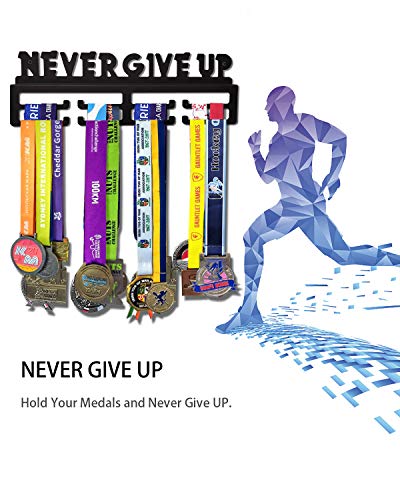 WIPHANY Medal Display Hanger Holder Racks Organizer Awards Matt Black Surface Wall Mount Over Durable Never Give Up Runner Sports Medals Shelf Frame Easy to Install