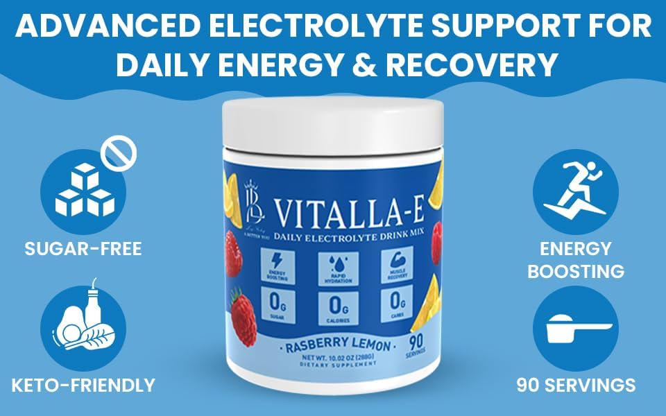 VITALLA-E Replenisher Daily Electrolyte Powder Drink Mix - Sugar Free – Raspberry Lemon, 90 Servings– Hydration Powder w/ 6 Key Electrolytes & Trace Minerals– Keto Friendly, Vegan, Non-GMO (CF Ultima) - Image 4