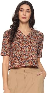 HION HILS Women's Kalamkari Printed Cuban Collar Cotton Printed Crop Shirt Top, Tunics with Short Sleeves Price In India