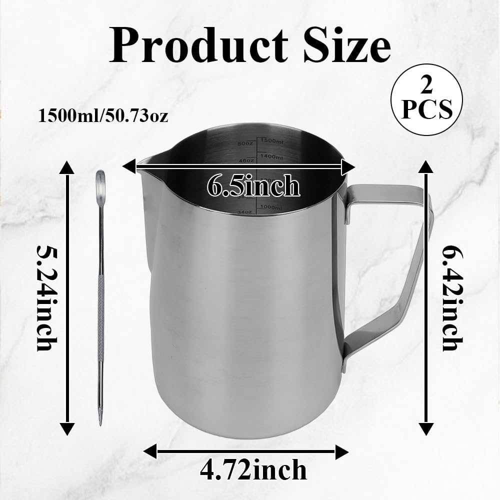 2 Pack 50oz/1500ml 304 Stainless Steel Milk Frothing Pitcher - Steaming Cup with Latte Art Pen, Barista Accessories for Espresso, Cappuccino & Latte
