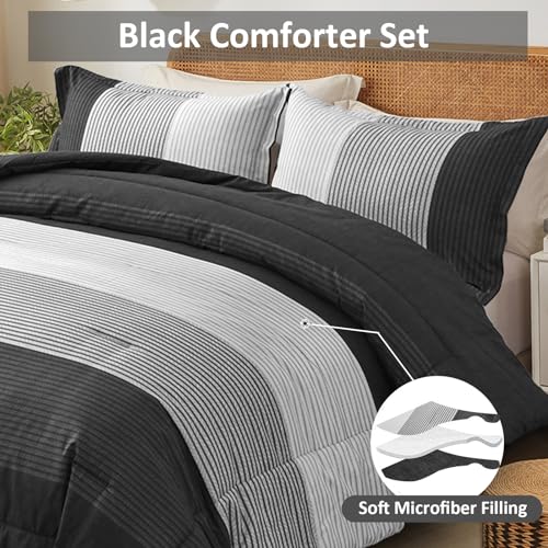 Linge de lit réversible à rayures noires avec couette 3 pièces microfibre douce - 5