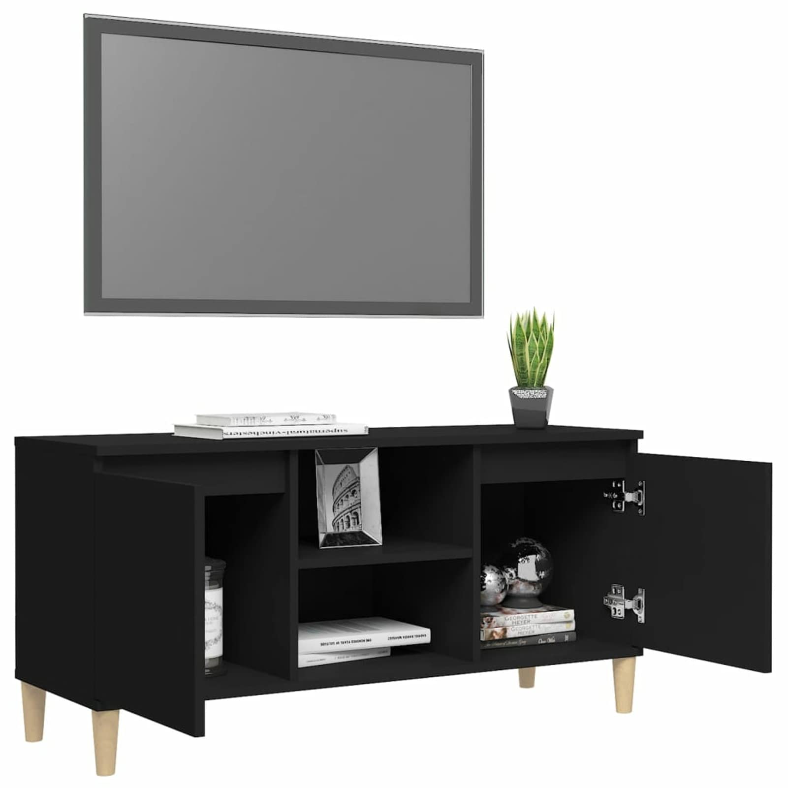 Homgoday Comodino con Gambe in Legno Massello Nero 103,5x30x50 cm, Mobile Porta TV Mobiletto Basso per TV per Tavolino da Salotto Industriale Supporto TV Soggiorno