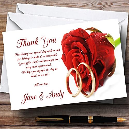 Red Romantic Rose Rings Personalized Wedding Thank You Cards