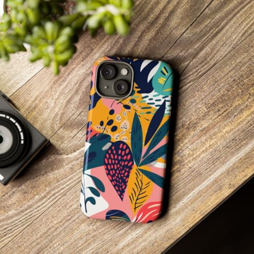 Coque iPhone 15 motif feuilles tropicales vives rigide brillante multicolore