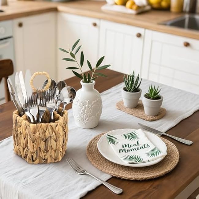 Hiceeden 2 Pack Woven Utensil Caddy with Handle, 3 Compartments Silverware Holder Organizer for Countertop, Water Hyacinth Rustic Flatware Cutlery Caddy for Picnic, Party, Buffet