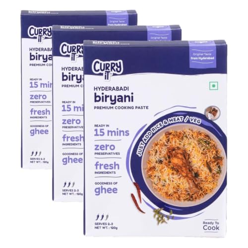 Image of CURRYiT Hyderabadi Biryani Cooking Paste | Ready to Cook in 15 Minutes | No Preservatives | Made with Ghee | Authentic Restaurant Style Biryani Masala | Just Add Rice & Meat or Veg | 120g (Pack of 3)