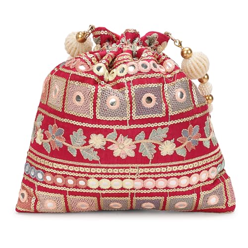 Image of LONGING TO BUY Indian Embroidered Pearl Potli Bag For Women, Sequence Design with Tassel, Wedding Potli Bags