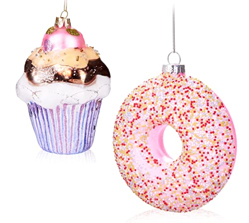 BRUBAKER Baumkugel Set Muffin & Donut - Handbemalte Weihnachtskugeln Süßes in Rosa Pink - Mundgeblasener Christbaumschmuck aus Glas - Sweets Baumschmuck Lustig - 2-teiliges Baumanhänger Set