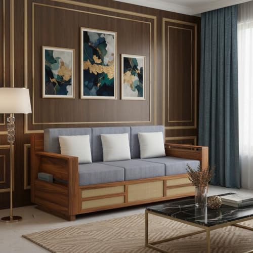 Image of 3 Seater Wooden Sofa for Home and Furniture Premium Upholstery Modern and Durable Design for Living Room and Office - Grey