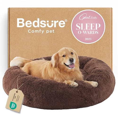 Image of Bedsure Calming XL Dog Bed Donut Washable Extra Large Pet Bed,45ins Coffee | Fluffy Faux Fur Round Cuddler,Machine Washable,Anti-Slip Bottom,Anti-Anxiety,Deep Sleeping for Pets Up to 120 Lbs