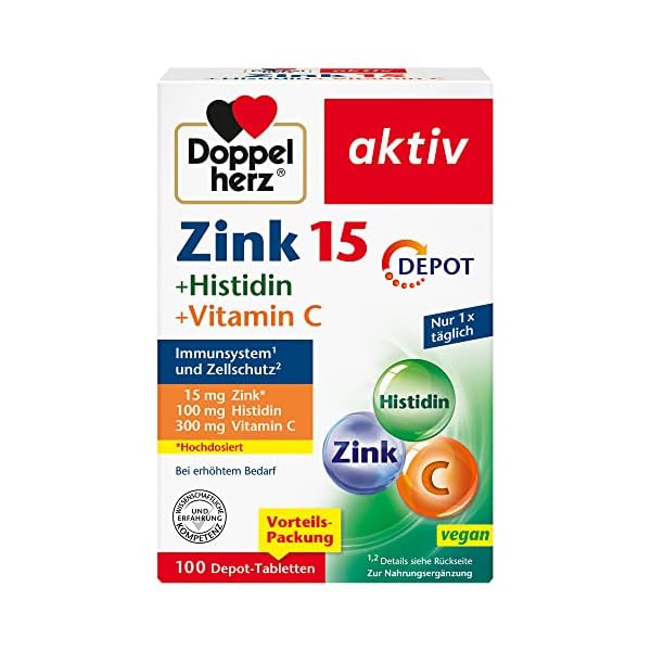 Doppelherz Zink + Histidin DEPOT – Mit 15 mg Zink als Beitrag für die normale Funktion des Immunsystems und für den Erhalt normaler Haut – 100 Tabletten