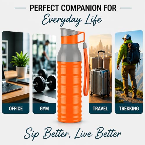 Image of CELLO Puro Steel-X Delta 600 PU Insulated Water Bottle for Office 550 ml Orange | Wide Mouth Easy to Carry with Strap Leak Proof Flip Top Lid Inner Steel Water Bottle for School Kids, College & Travel