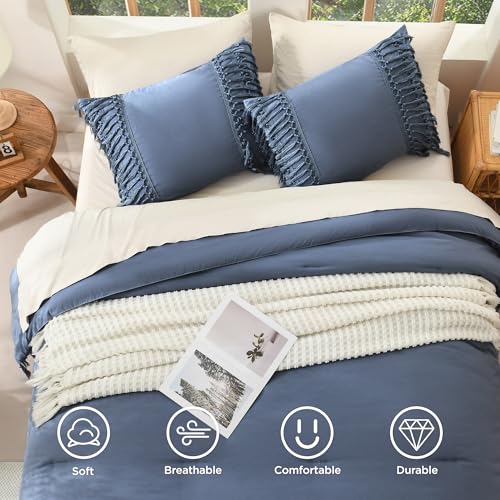 Image of Andency Comforter Full Size Set Bluish Grey, Boho Lightweight Vintage Soft Bedding Comforter Sets, 3 Pieces Bed Set (79x90In Comforter & 2 Pillowcases)