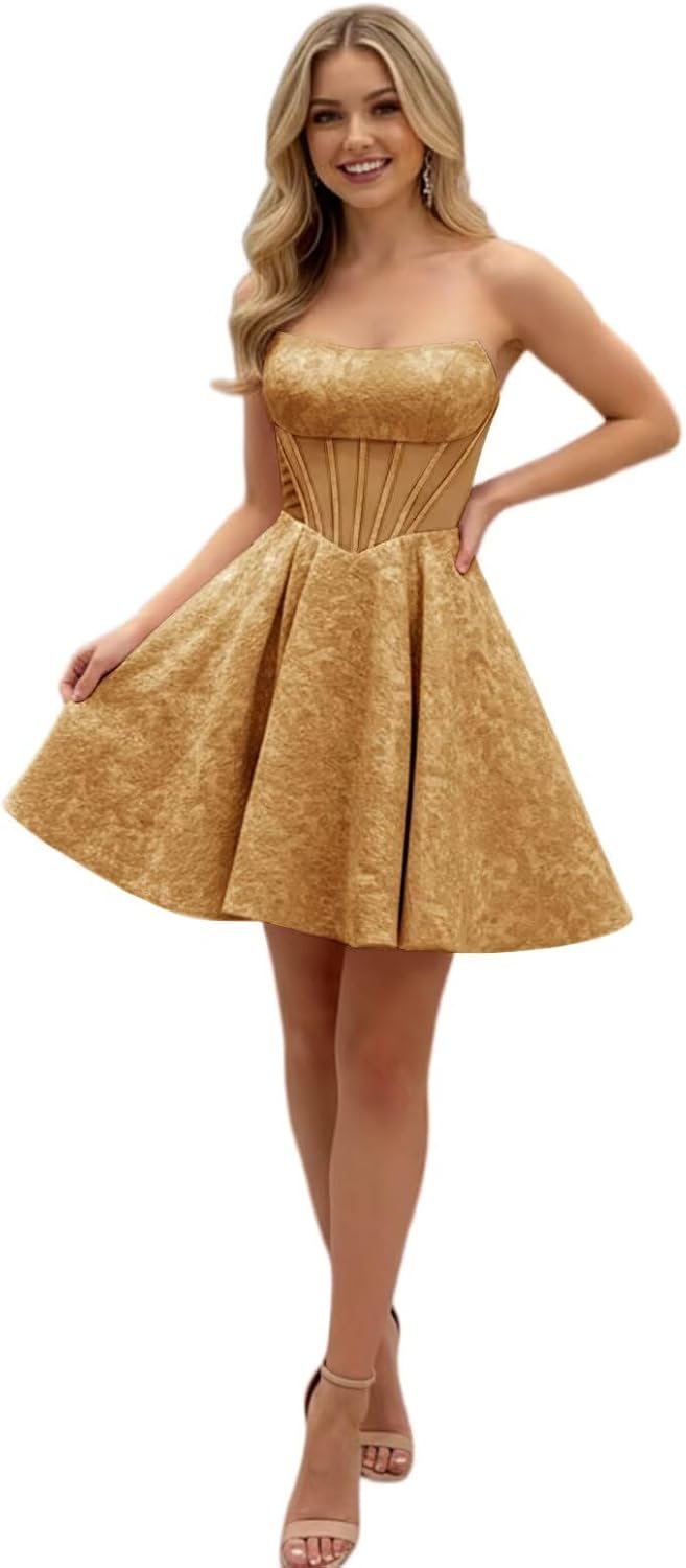 Homecoming Dresses for Teens Strapless Floral Jacquard Short A Line Prom Dresses Corset