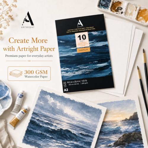 Image of ArtRight Artists' Watercolor Paper A2 300 GSM - 10 Sheets of Handmade Rough Grain Water Colour Papers for Watercolour, Acrylic, Gouache, Ink & Mixed Media
