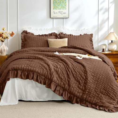 Image of JOLLYVOGUE Dark Brown Queen Comforter Set,3pcs Ruffle Seersucker Bed Set | OEKO-TEX Certified, All Season, Down Alternative Fill, Lightweight Bedding Set with Ruffle Comforter & Pillowshams, Easy Care