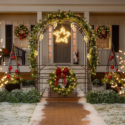 Plow & Hearth Arch Metal Outdoor Garden Arbor Double Gate | Montebello | 7 Feet Tall | Gunmetal Black | Trellis Lattice Climbing Plants