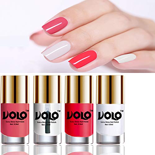 VOLO Dazzling Glow Long Stable High Definition Nail Polish Combo Set Of 4(Pink Mania, Extra Shine Top Coat, Carrot Red, Matte White)