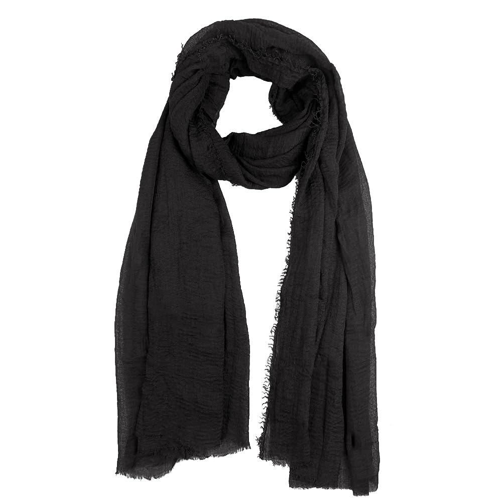 Summer Cotton Blend Crinkle Vintage Soft Scarf with Fringed Edges 35" × 70"